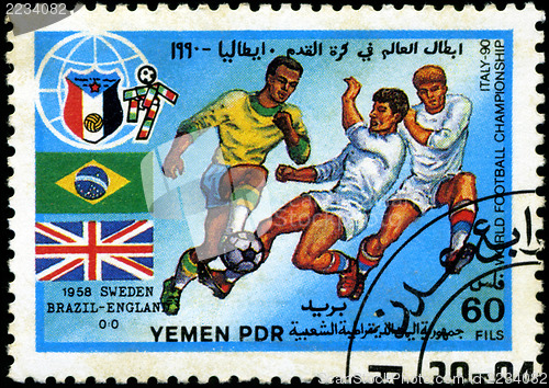 Image of YEMEN - CIRCA 1990: stamp printed by Yemen, shows soccer players