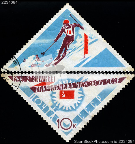 Image of USSR - CIRCA 1966: A post stamp printed in USSR shows slalom, de