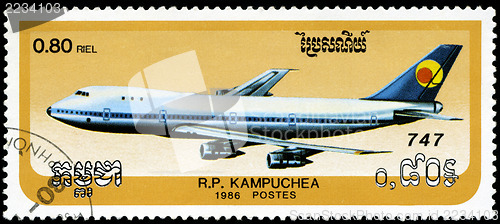 Image of CAMBODIA - CIRCA 1986: stamp printed by Cambodia, shows airplane