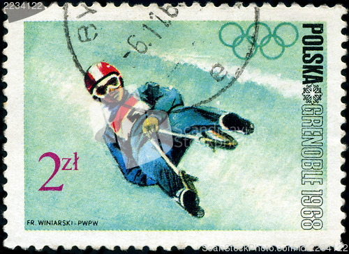 Image of POLAND - CIRCA 1968: Winter Olympics 1968. Descent to sledge, ci