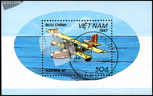 Image of VIETNAM - CIRCA 1987: A stamp printed by VIETNAM shows plane Haf