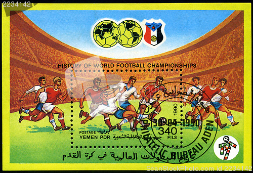 Image of YEMEN - CIRCA 1990: stamp printed by Yemen, shows soccer players