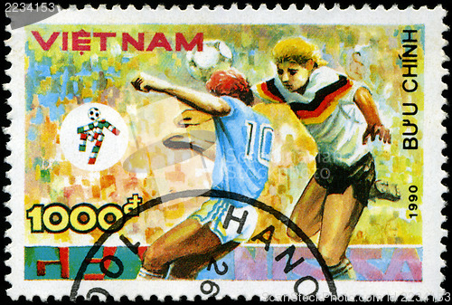 Image of VIETNAM - CIRCA 1990: a stamp printed by Vietnam shows football 