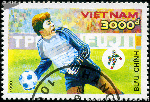 Image of VIETNAM - CIRCA 1990: a stamp printed by Vietnam shows football 