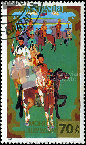 Image of MONGOLIA - CIRCA 1988: stamp printed by Mongolia, shows horseman