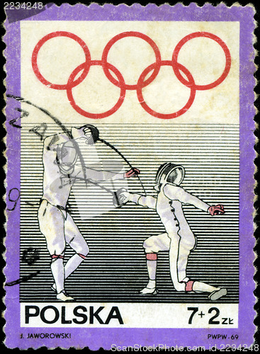 Image of POLAND - CIRCA 1969: stamp printed by Poland, shows fencing, cir