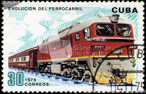 Image of CUBA - CIRCA 1975 : A post stamp printed in Cuba shows moving tr