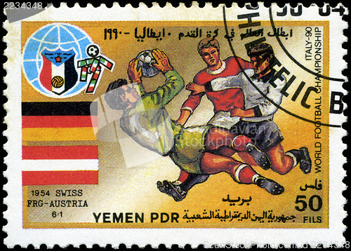 Image of YEMEN - CIRCA 1990: stamp printed by Yemen, shows soccer players