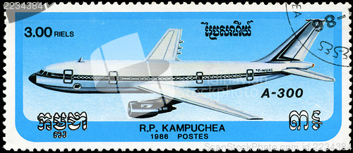 Image of CAMBODIA - CIRCA 1986: stamp printed by Cambodia, shows airplane