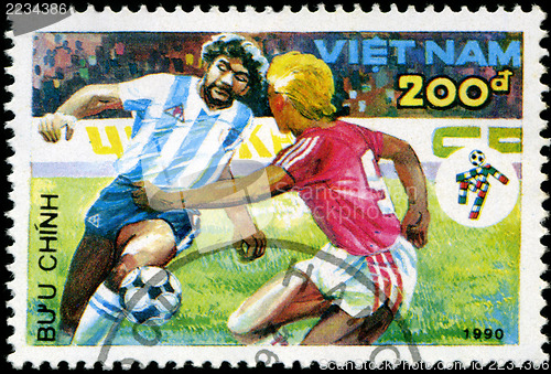 Image of VIETNAM - CIRCA 1990: a stamp printed by Vietnam shows football 