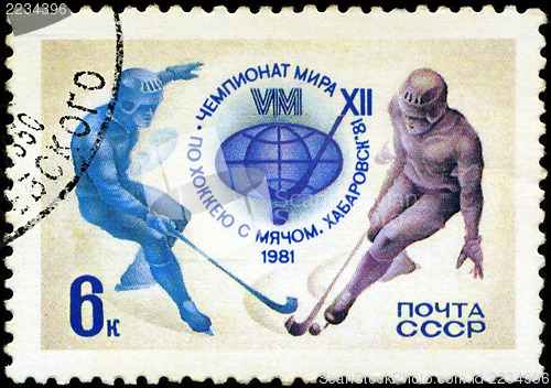 Image of USSR - CIRCA 1981: A stamp printed in the USSR shows two hockey 