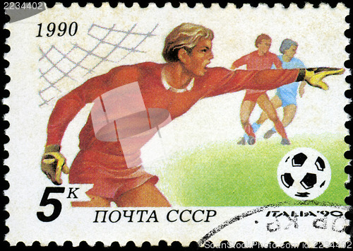 Image of USSR - CIRCA 1990: a stamp printed by USSR shows football player