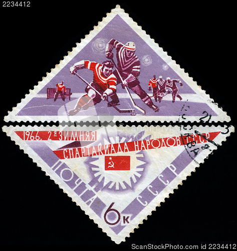 Image of USSR - CIRCA 1966: A post stamp printed in USSR shows ice hockey