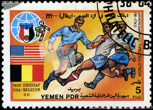 Image of YEMEN - CIRCA 1990: stamp printed by Yemen, shows soccer players