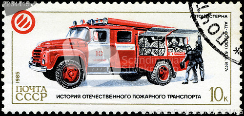 Image of USSR - CIRCA 1985: A stamp printed by USSR shows the fire trucks