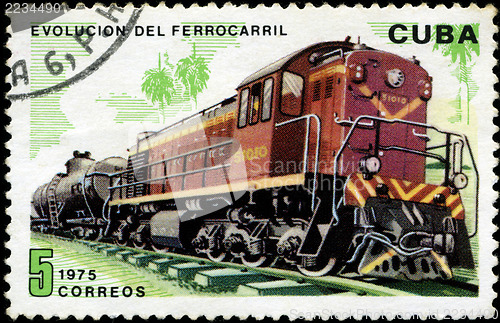 Image of CUBA - CIRCA 1975 : A post stamp printed in Cuba shows moving tr