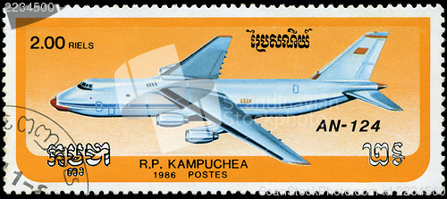Image of CAMBODIA - CIRCA 1986: stamp printed by Cambodia, shows airplane