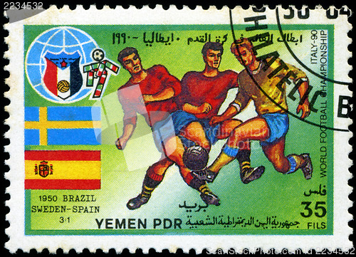 Image of YEMEN - CIRCA 1990: stamp printed by Yemen, shows soccer players