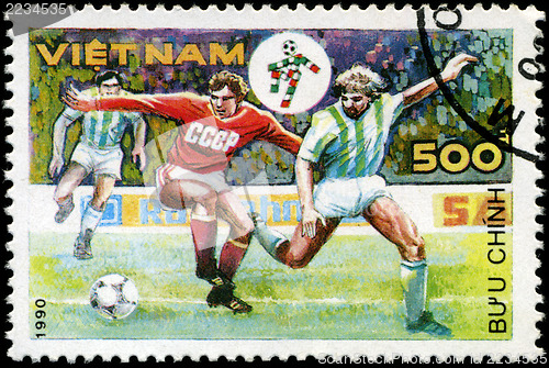 Image of VIETNAM - CIRCA 1990: a stamp printed by Vietnam shows football 