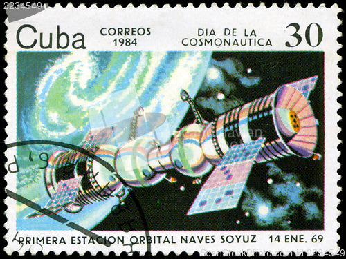 Image of CUBA CIRCA 1984: stamp printed by CUBA, shows Cosmonautics Day -