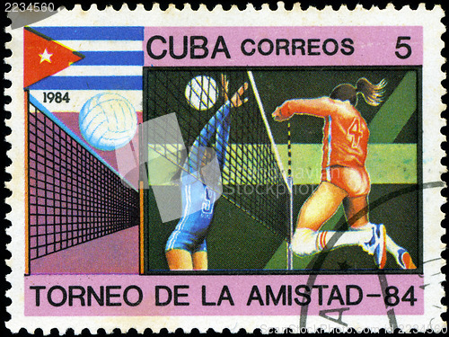 Image of CUBA - CIRCA 1984: A stamp printed in CUBA shows volleyball, ser