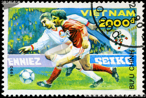 Image of VIETNAM - CIRCA 1990: a stamp printed by Vietnam shows football 