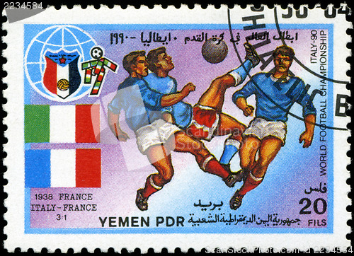 Image of YEMEN - CIRCA 1990: stamp printed by Yemen, shows soccer players