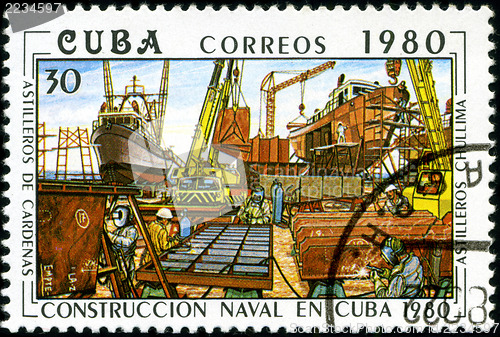 Image of CUBA - CIRCA 1980: A stamp printed in Cuba shows image shipyard 