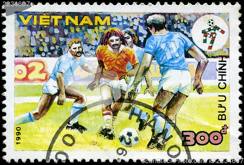 Image of VIETNAM - CIRCA 1990: a stamp printed by Vietnam shows football 