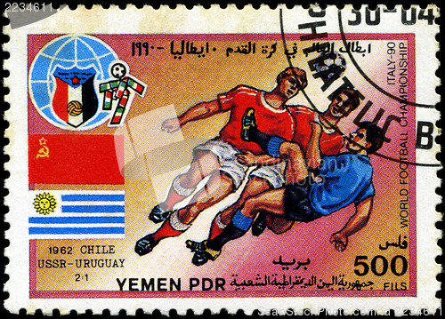 Image of YEMEN - CIRCA 1990: stamp printed by Yemen, shows soccer players