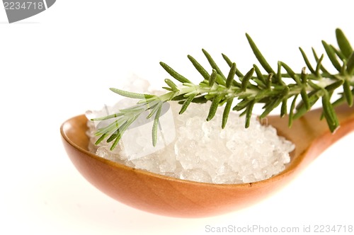 Image of sea salt with rosemary on a wooden spoon