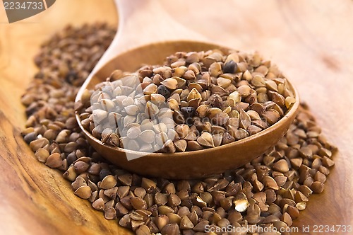 Image of Buckwheat seeds on wooden spoon in closeup 