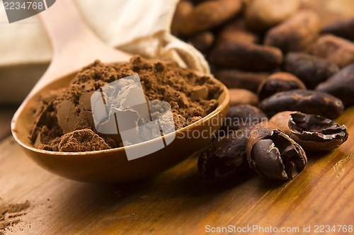 Image of Cocoa (cacao) beans on natural wooden table