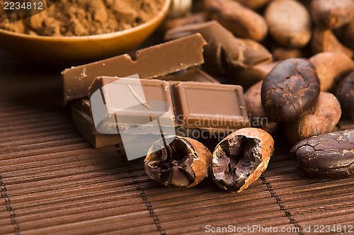 Image of Cocoa (cacao) beans with chocolate