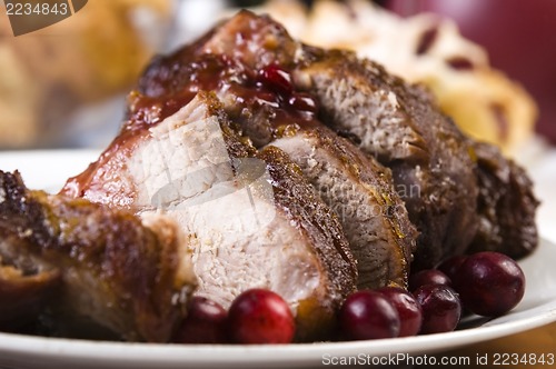 Image of Delicious Scrambled Grilled meat with cranberry sauce 