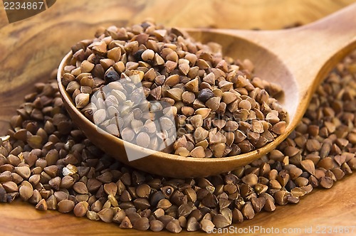 Image of Buckwheat seeds on wooden spoon in closeup 