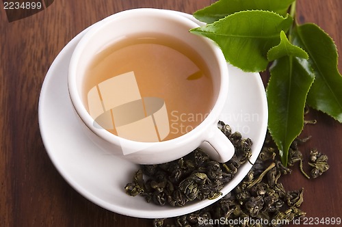 Image of cup of green tea with freh leaves