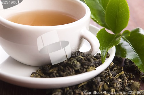 Image of cup of green tea with freh leaves