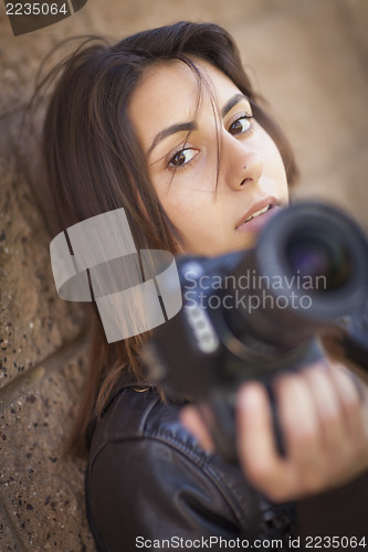 Image of Mixed Race Young Adult Female Photographer Holding Camera