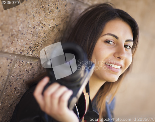 Image of Mixed Race Young Adult Female Photographer Holding Camera