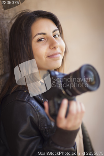 Image of Mixed Race Young Adult Female Photographer Holding Camera
