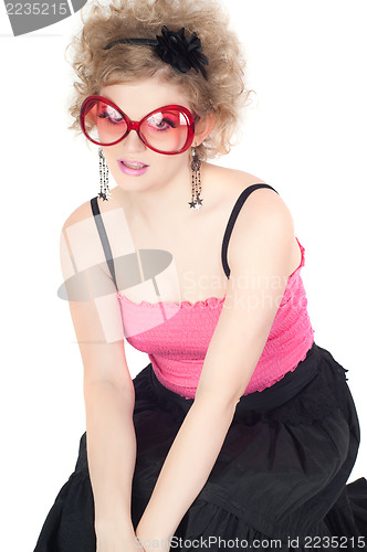 Image of Blonde in big red sunglasses