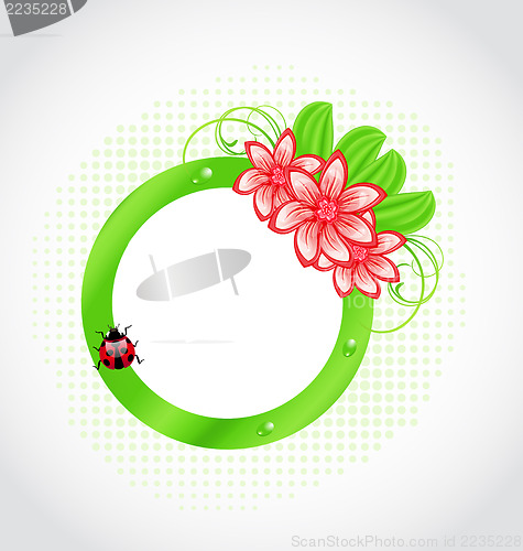 Image of Cute spring label with flower, leaves, lady-beetle