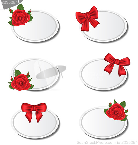 Image of Set label cards with roses and gift bows