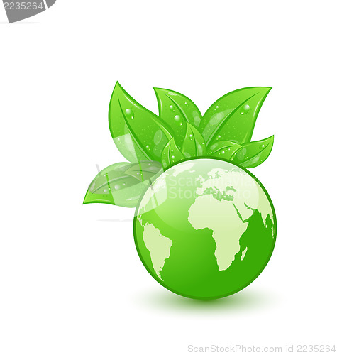 Image of Global planet and eco green leaves isolated on white background