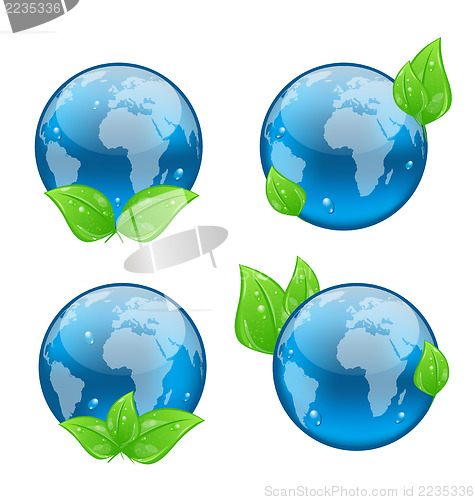 Image of Set icon earth with green leaves isolated on white background