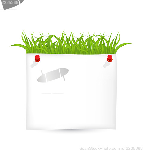 Image of Paper sheet with green grass isolated on white background