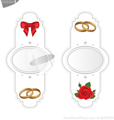 Image of Set wedding cards with rose, ring, bow