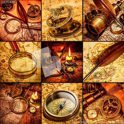 Image of Vintage still life. Vintage items on ancient map.