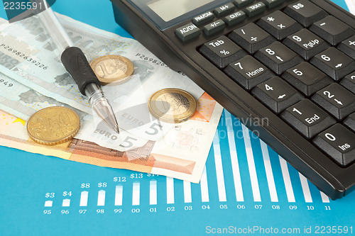 Image of Stock market graphs with pen and euro coins